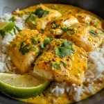 ['Prato de curry de peixe com coco e limão, servido com arroz jasmim.', 'Curry de peixe suculento com coco e limão, ao lado de arroz jasmim.', 'Close-up de um prato de curry de peixe com arroz jasmim.', 'Delicioso curry de peixe com creme de coco e limão, acompanhado de arroz.']