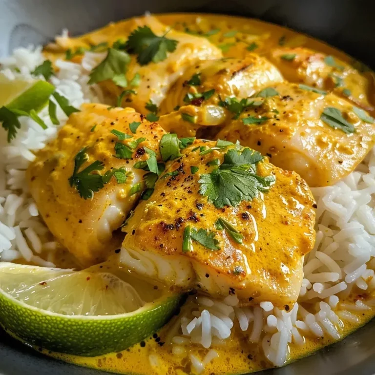 ['Prato de curry de peixe com coco e limão, servido com arroz jasmim.', 'Curry de peixe suculento com coco e limão, ao lado de arroz jasmim.', 'Close-up de um prato de curry de peixe com arroz jasmim.', 'Delicioso curry de peixe com creme de coco e limão, acompanhado de arroz.']