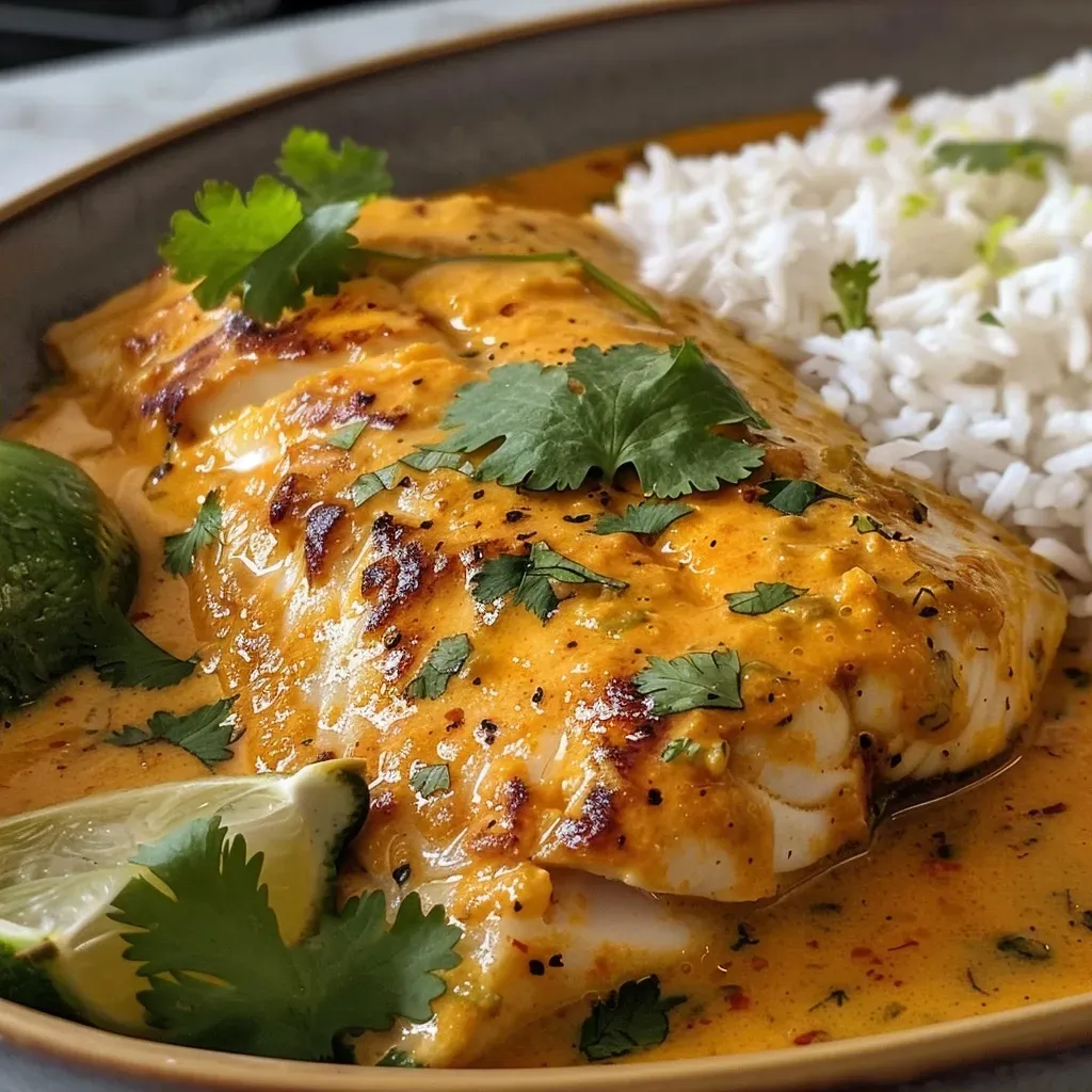['Prato de curry de peixe com coco e limão, servido com arroz jasmim.', 'Curry de peixe suculento com coco e limão, ao lado de arroz jasmim.', 'Close-up de um prato de curry de peixe com arroz jasmim.', 'Delicioso curry de peixe com creme de coco e limão, acompanhado de arroz.']