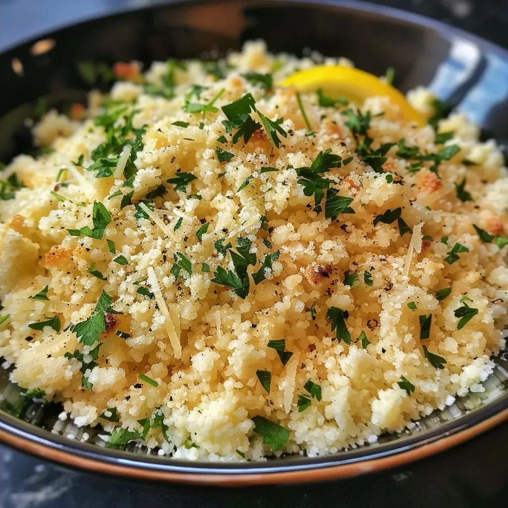 ['Cuscuz com limão e parmesão, servido em um prato branco.', 'Close up de cuscuz, com ervas e limão, em fundo neutro.', 'Prato de cuscuz com parmesão e raspas de limão, decorado com salsinha.', 'Cuscuz colorido com queijo parmesão e limão, em destaque.']