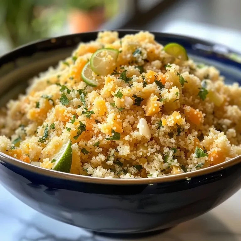 ['Close-up de um prato de cuscuz de limão com folhas de salsa.', 'Cuscuz de limão apresentado em uma tigela, com limões ao fundo.', 'Detalhe de cuscuz de limão com textura suculenta e aromática.', 'Cuscuz de limão decorado com salsa picada em uma mesa.']