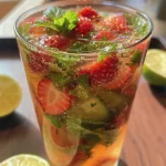 ['Bebida detox de morango e manjericão em um copo.', 'Close de Eau Détox com morangos e folhas de manjericão.', 'Garrafa de Eau Détox com frutas e ervas.', 'Bebida refrescante com morango, manjericão e limão.']