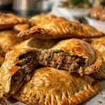 ['Empanadas de carne crocantes e douradas.', 'Close-up de empanadas recheadas com carne moída.', 'Empanadas de carne em vista lateral, com textura apetitosa.', 'Deliciosas empanadas de carne, com recheio visível.']