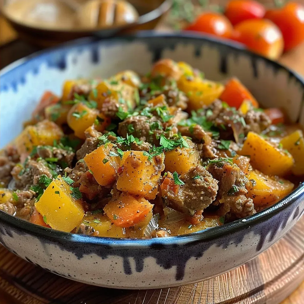 Escondidinho de carne moída com purê de batata e queijo gratinado.