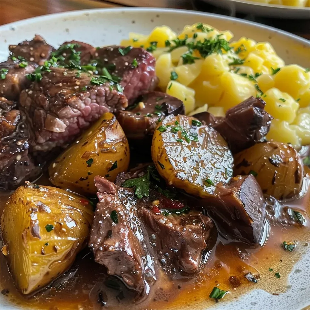 Close-up de um escondidinho de mandioca com carne moída, com camadas bem definidas.