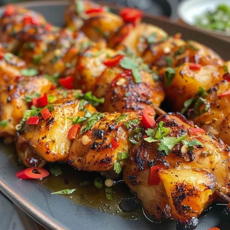 ['Espetinhos de frango com abacaxi grelhados em palitos de churrasco.', 'Close-up de espetinhos de frango suculentos com pedaços de abacaxi.', 'Cubos de frango e abacaxi em palitos, prontos para serem degustados.', 'Espetinhos coloridos de frango e pimentões grelhados com abacaxi.']