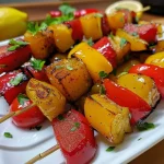 ['Espetinhos de legumes coloridos prontos para grelhar.', 'Close-up de espetinhos de legumes variados.', 'Espetinhos de legumes com diferentes cores e texturas.', 'Espetinhos de legumes frescos em uma grelha.']