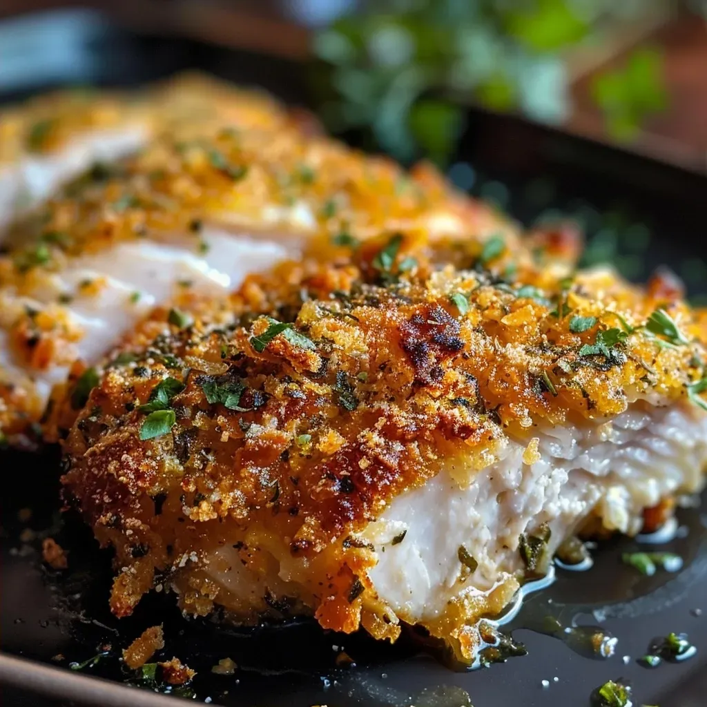Filé de frango empanado e crocante em um prato.