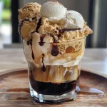 ['Float de café com sorvete de baunilha e água com gás.', 'Bebida refrescante de café com sorvete de baunilha.', 'Close-up de um float de café e sorvete em copo.', 'Café gelado com sorvete, coberto com calda.']