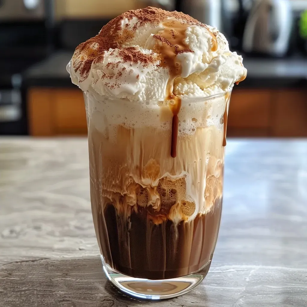 Float de café com sorvete de baunilha e água com gás.