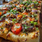 ['Focaccia Garden com vegetais coloridos e queijo.', 'Close-up de Focaccia Garden decorada com tomate e ervas.', 'Focaccia recheada com carne moída e legumes frescos.', 'Vista lateral de Focaccia Garden com texturas e sabores.']
