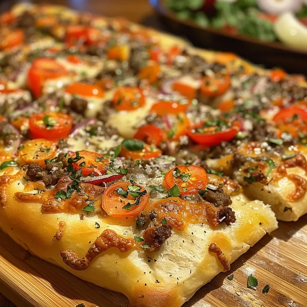 ['Focaccia Garden com vegetais coloridos e queijo.', 'Close-up de Focaccia Garden decorada com tomate e ervas.', 'Focaccia recheada com carne moída e legumes frescos.', 'Vista lateral de Focaccia Garden com texturas e sabores.']