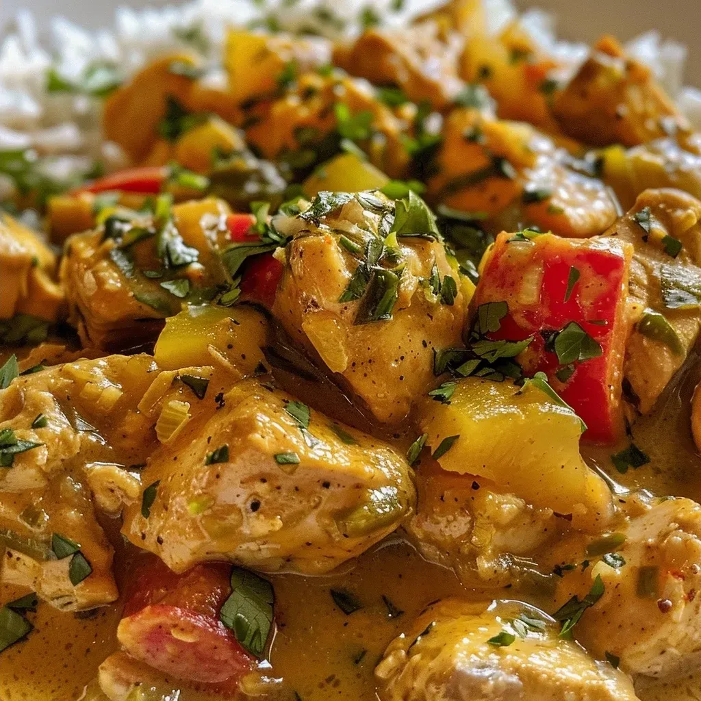 ['Frango ao Curry em cubos, com molho cremoso e especiarias.', 'Close-up de Frango ao Curry, mostrando a textura suculenta.', 'Prato de Frango ao Curry decorado, com ingredientes visíveis.', 'Porção de Frango ao Curry apresentada em um prato raso.']