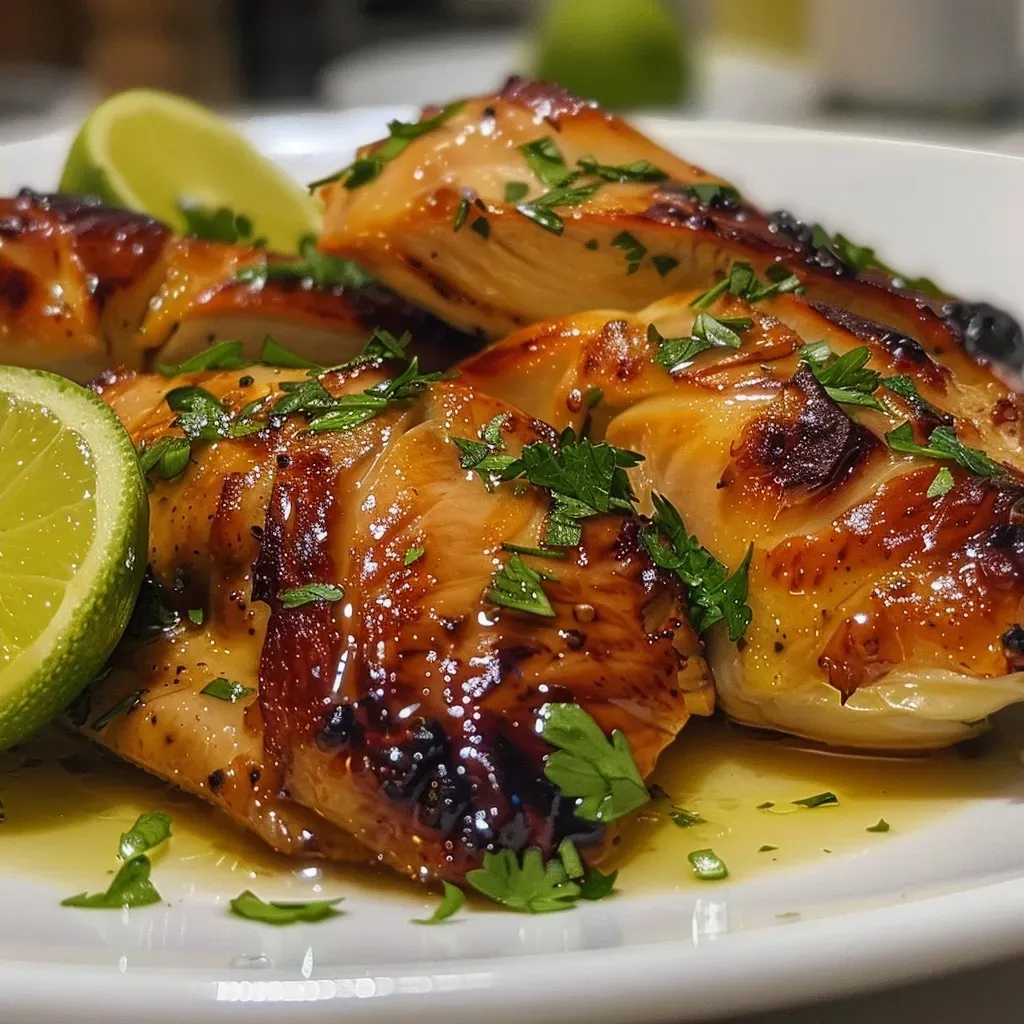 ['Frango assado dourado com alho e limão, apresentado de lado.', 'Close de frango assado com temperos de alho e fatias de limão.', 'Frango inteiro assado, mostrando suculência e ervas frescas.', 'Prato de frango assado com alho e limão, focando na textura e cores.']