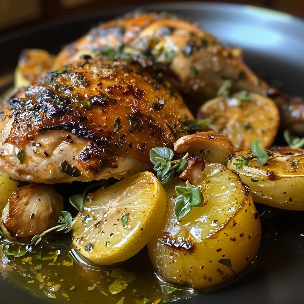 ['Frango assado com limão, dourado e suculento.', 'Close-up de um frango assado com limão, com ingredientes visíveis.', 'Prato de frango assado ao forno, decorado com rodelas de limão.', 'Frango inteiro assado com ervas e limão, bem dourado.']