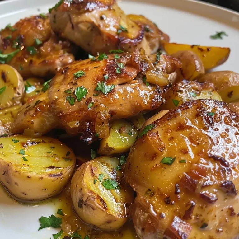 ['Frango assado suculento com batatas ao lado.', 'Prato de frango assado na cerveja com cebolas e batatas.', 'Coxas e sobrecoxas de frango douradas e apetitosas.', 'Close de frango assado na cerveja com temperos e cebolas.']