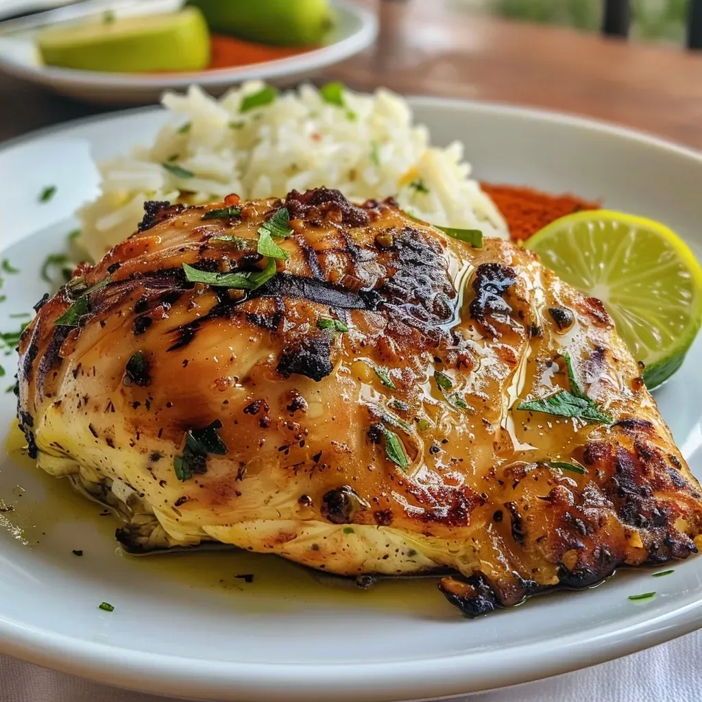 ['Peitos de frango suculentos com molho de iogurte e limão.', 'Prato de frango com molho cremoso de iogurte e limão.', 'Close de frango marinado com iogurte e limão.', 'Frango grelhado com molho de iogurte e especiarias.']
