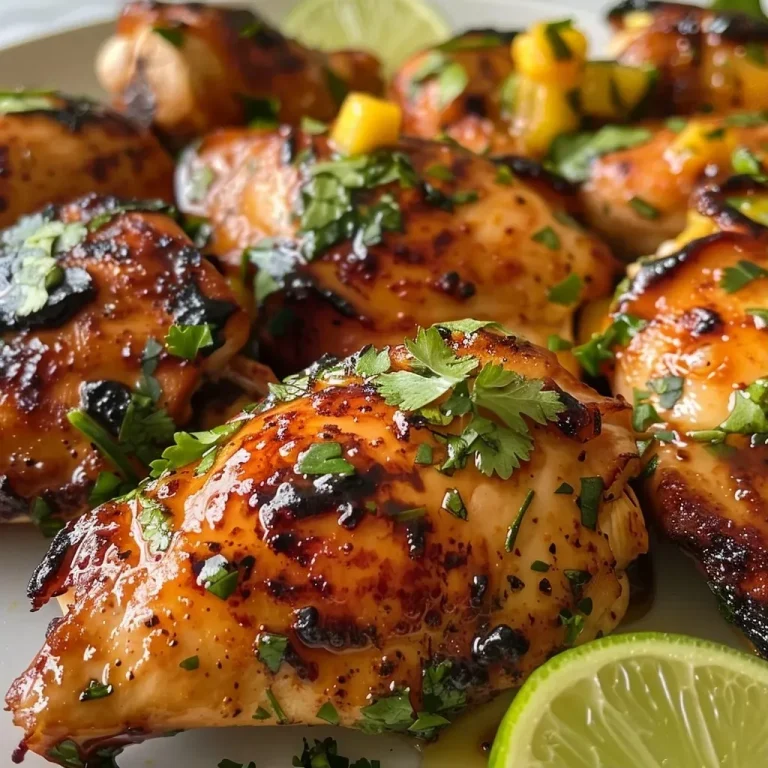 ['Prato de frango com mel e limão acompanhado de salsa de manga.', 'Porção de frango grelhado com molho de mel e limão e salsa de manga colorida.', 'Close de frango marinado e salsa fresca de manga em um prato.', 'Frango com mel e limão servido com salsa de manga vibrante.']