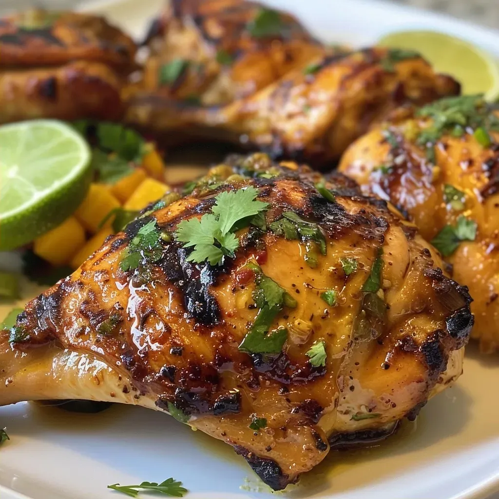 ['Prato de frango com mel e limão acompanhado de salsa de manga.', 'Porção de frango grelhado com molho de mel e limão e salsa de manga colorida.', 'Close de frango marinado e salsa fresca de manga em um prato.', 'Frango com mel e limão servido com salsa de manga vibrante.']