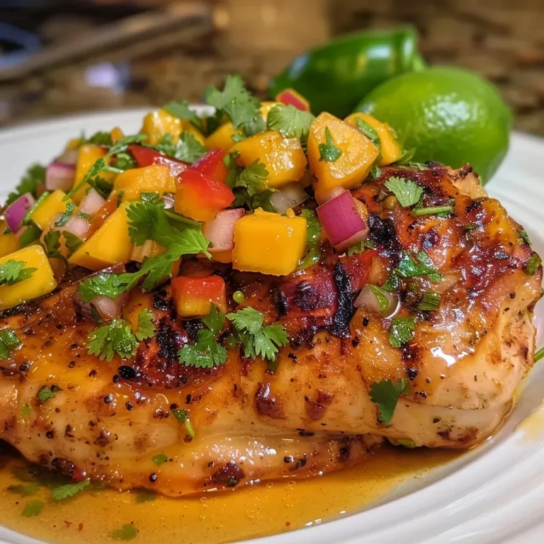 ['Peito de frango grelhado com molho de mel e salsa de manga.', 'Prato de frango com mel e salsa colorida de manga.', 'Frango suculento acompanhado de salsa de manga fresca.', 'Filé de frango com molho de mel e salsa de manga ao lado.']