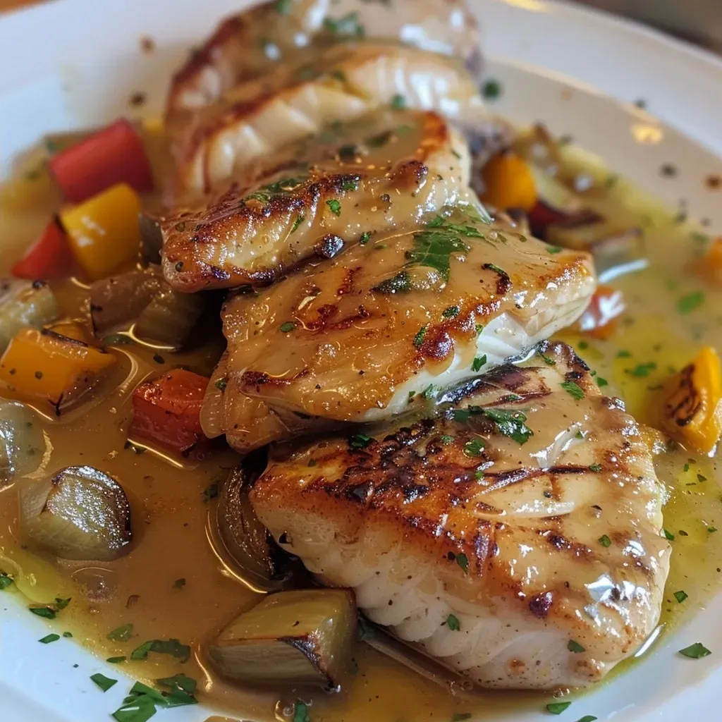 Filé de frango grelhado com legumes coloridos ao lado.