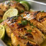['Frango grelhado suculento com manteiga, limão e alho.', 'Peito de frango dourado, servido com molho de manteiga e limão.', 'Prato de frango grelhado decorado com ervas frescas.', 'Close-up de frango grelhado com limão e alho.']