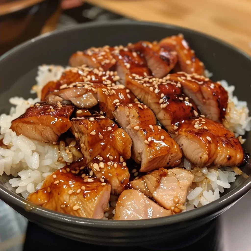 ['Prato de frango teriyaki suculento com molho brilhante.', 'Close de frango teriyaki frito com ingredientes frescos ao redor.', 'Frango teriyaki dourado com molho, servido em prato.', 'Porção de frango teriyaki com aromaticidade visível.']