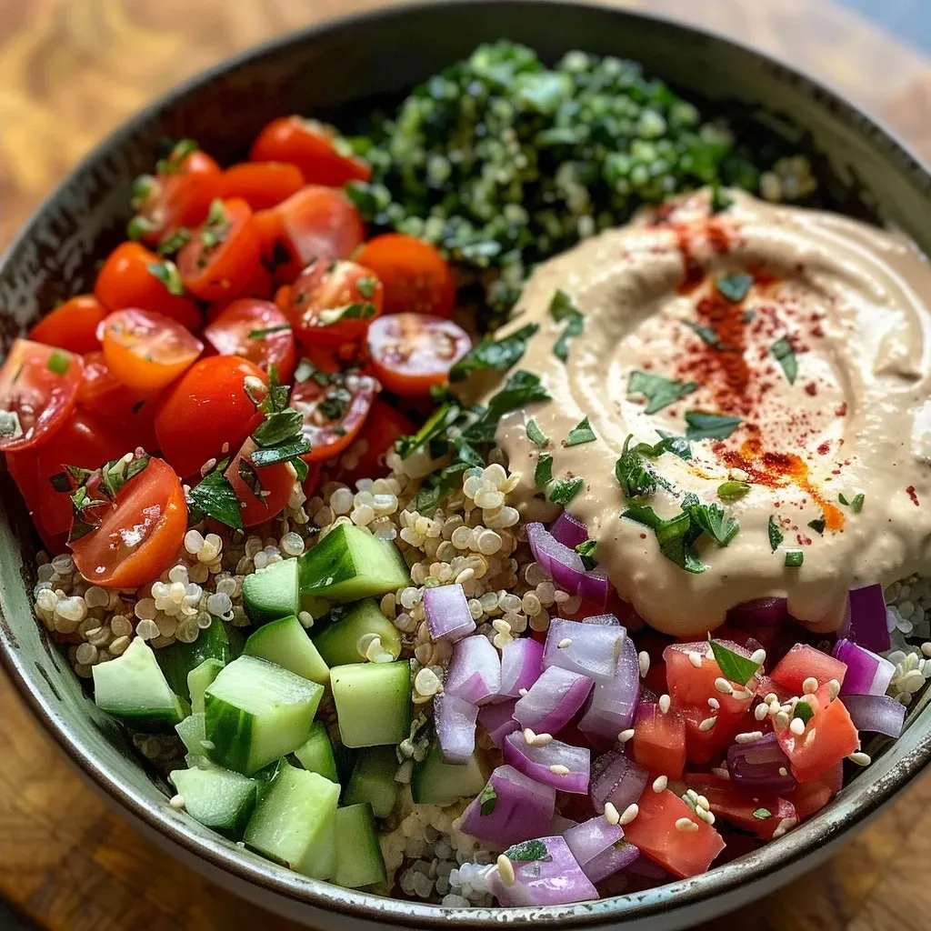 ['Tigela de grãos colorida com molho tahini ao lado.', 'Close de uma tigela nutritiva com quinoa, legumes e molho cremoso.', 'Grãos, legumes frescos e queijo feta em uma tigela, com molho tahini.', 'Ingredientes saudáveis dispostos em uma tigela, ressaltando o molho tahini.']