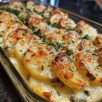 ['Gratin de batatas e ervas com camadas de batata e queijo.', 'Close up de gratin de batatas, com textura cremosa e crocante.', 'Prato de gratin de batatas, ervas e especiarias, apresentado em uma travessa.', 'Porção suculenta de gratin de batatas-doces e mandioquinha.']