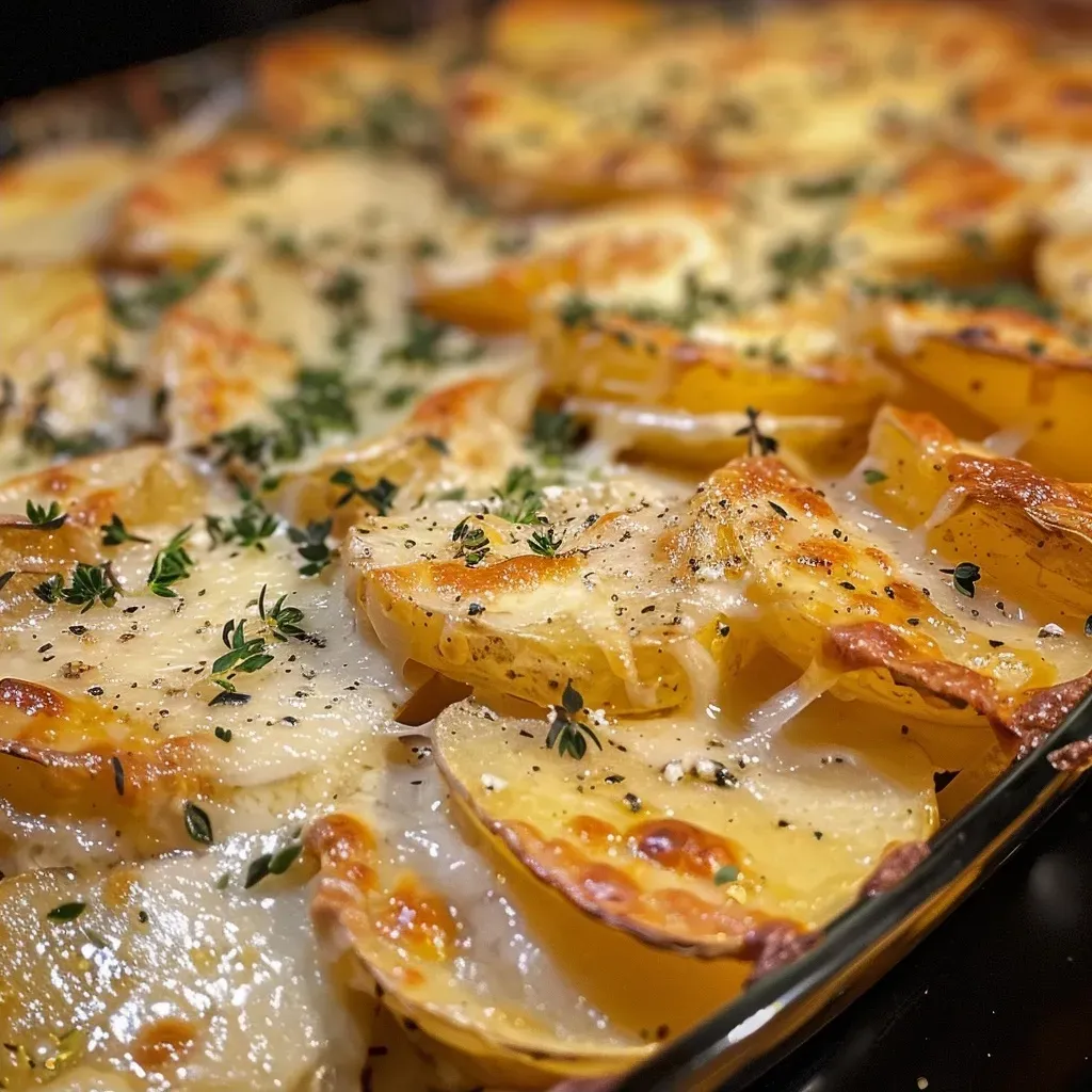 Gratin de batatas e ervas com camadas de batata e queijo.