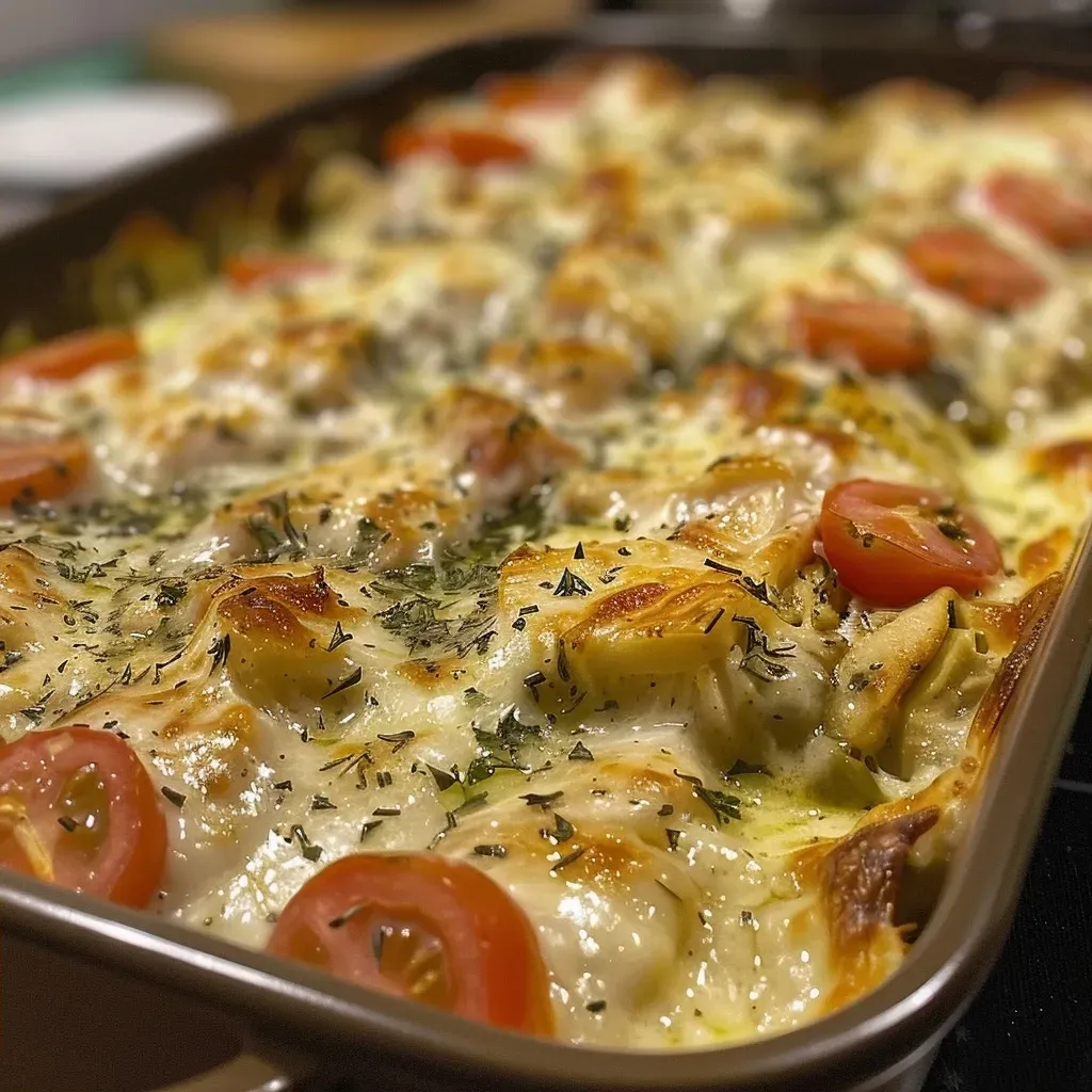 ['Gratinado de frango cremoso em um prato.', 'Close de um gratinado de frango com queijo derretido por cima.', 'Gratinado de frango simples, servido em uma travessa.', 'Prato de gratinado de frango com ingredientes decorativos ao fundo.']