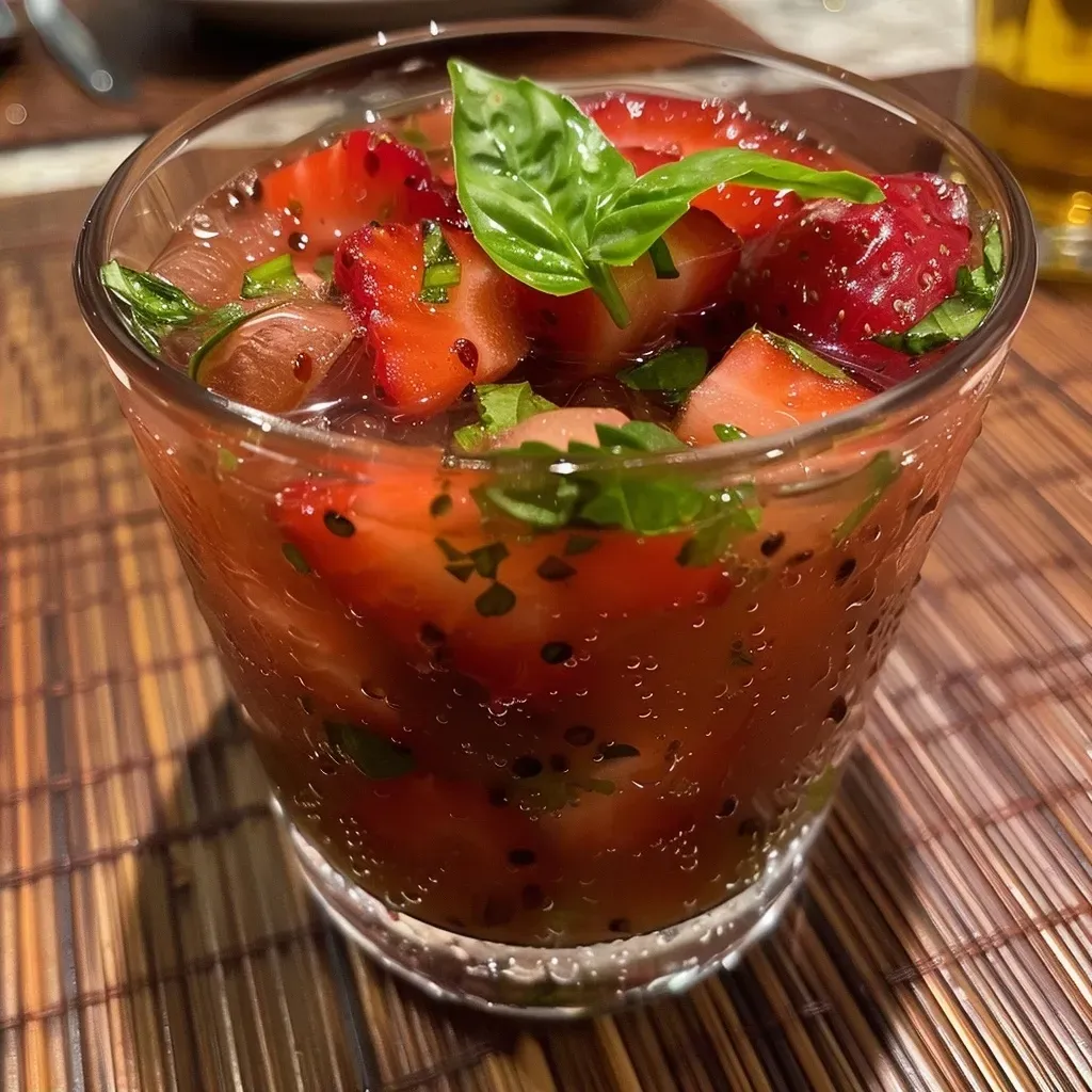Close-up de uma bebida refrescante com morangos e folhas de manjericão.