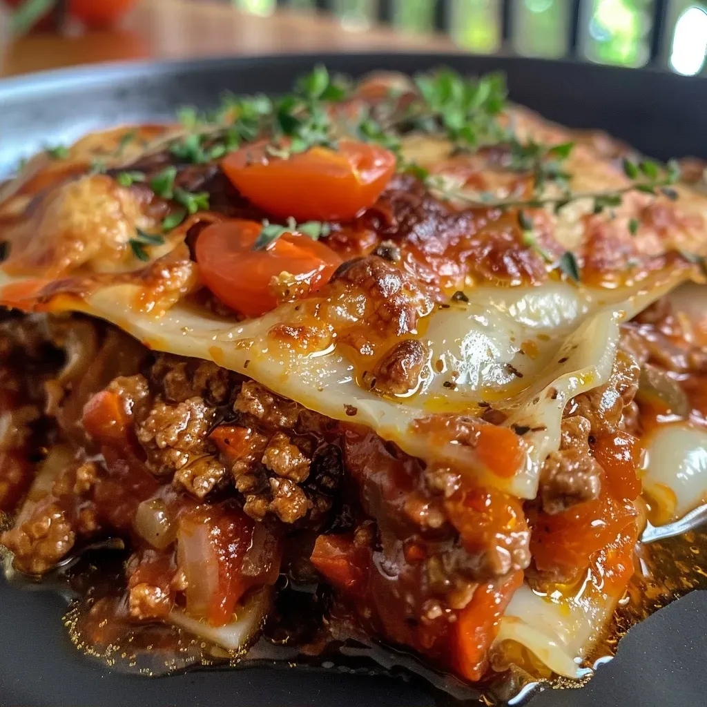 ['Lasanha de abobrinha com camadas de carne moída e queijo.', 'Close-up de uma lasanha de abobrinha recheada e gratinada.', 'Imagem de lasanha de abobrinha com ingredientes visíveis.', 'Porção suculenta de lasanha de abobrinha com queijo derretido.']