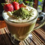 ['Latte de morango com matcha servido em um copo.', 'Bebida colorida de morango e matcha em close.', 'Detalhe de um latte cremoso de morango com matcha.', 'Copo de latte de morango com camada de matcha.']