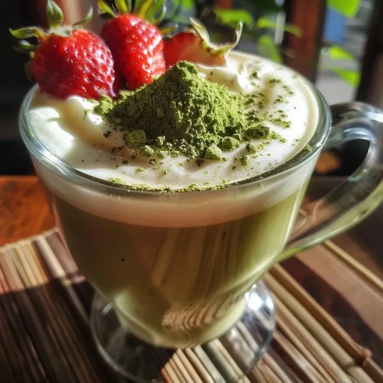 ['Latte de morango com matcha servido em um copo.', 'Bebida colorida de morango e matcha em close.', 'Detalhe de um latte cremoso de morango com matcha.', 'Copo de latte de morango com camada de matcha.']
