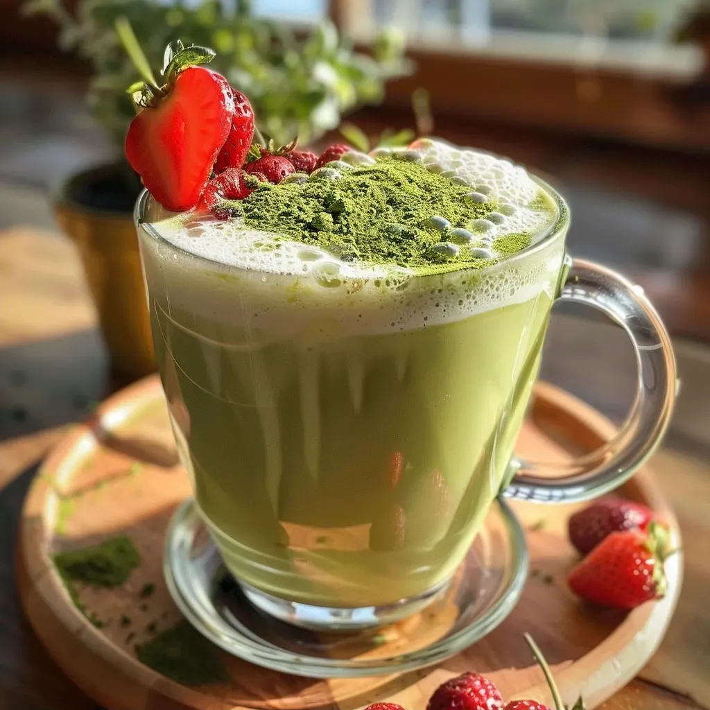 Latte de morango com matcha servido em um copo.