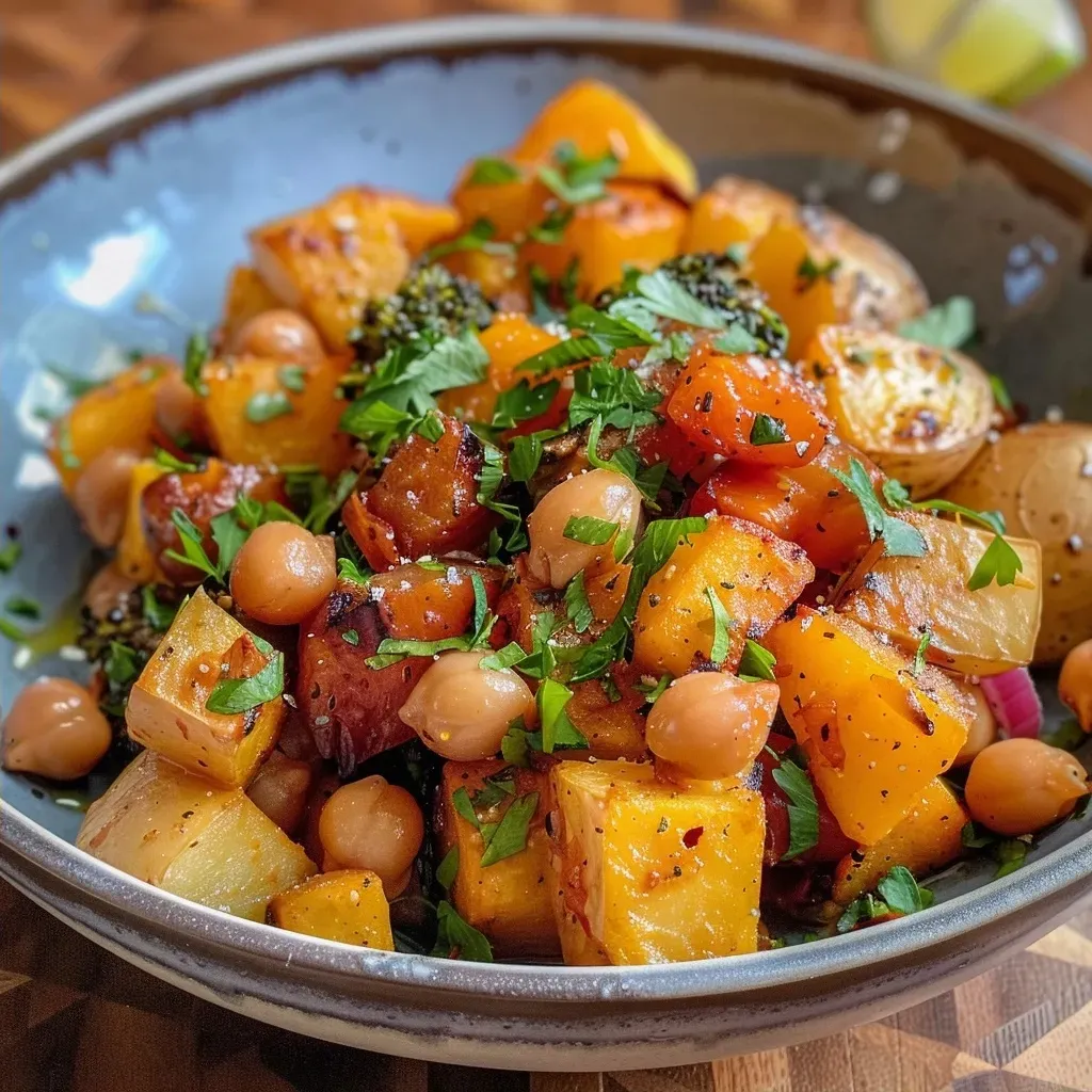 Legumes assados coloridos dispostos em uma travessa.