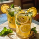['Close-up de um copo de limonada de gengibre com fatias de limão e gengibre.', 'Bebida refrescante de limonada de gengibre em um copo com detalhes de ervas.', 'Limonada de gengibre com folhas de hortelã e fatias de limão ao lado.', 'Close de uma limonada de gengibre, com ingredientes frescos decorando o copo.']