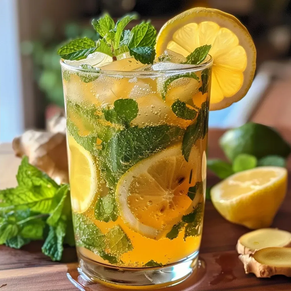 ['Close-up de um copo de limonada de gengibre com fatias de limão e gengibre.', 'Bebida refrescante de limonada de gengibre em um copo com detalhes de ervas.', 'Limonada de gengibre com folhas de hortelã e fatias de limão ao lado.', 'Close de uma limonada de gengibre, com ingredientes frescos decorando o copo.']