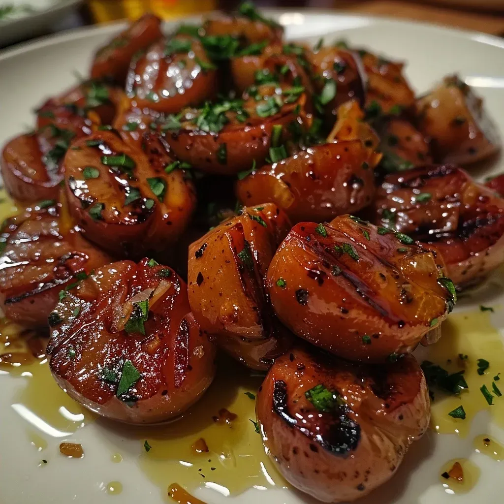 ['Linguiça assada com cebola caramelizada e especiarias.', 'Close-up de linguiça toscana assada com cebolas e cachaça.', 'Prato de linguiça assada, cebolas e temperos.', 'Linguiça dourada acompanhada de cebola e ervas.']