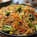 ['Porção colorida de Vegetable Lo Mein com legumes variados.', 'Prato de Lo Mein Vegetal com macarrão e vegetais frescos.', 'Close de um prato de Lo Mein Vegetal pronto para servir.', 'Mistura vibrante de Lo Mein Vegetal com noodles e vegetais.']