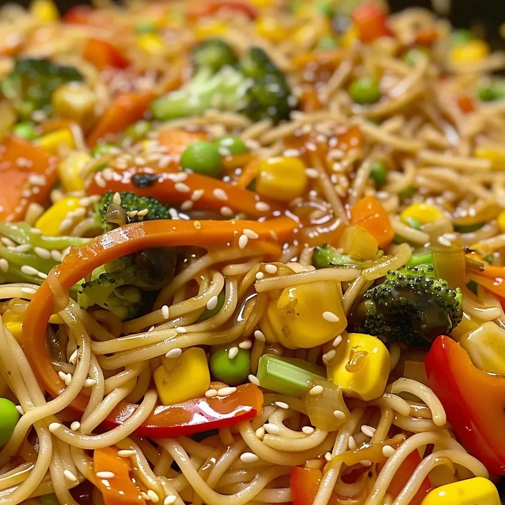 ['Porção colorida de Vegetable Lo Mein com legumes variados.', 'Prato de Lo Mein Vegetal com macarrão e vegetais frescos.', 'Close de um prato de Lo Mein Vegetal pronto para servir.', 'Mistura vibrante de Lo Mein Vegetal com noodles e vegetais.']