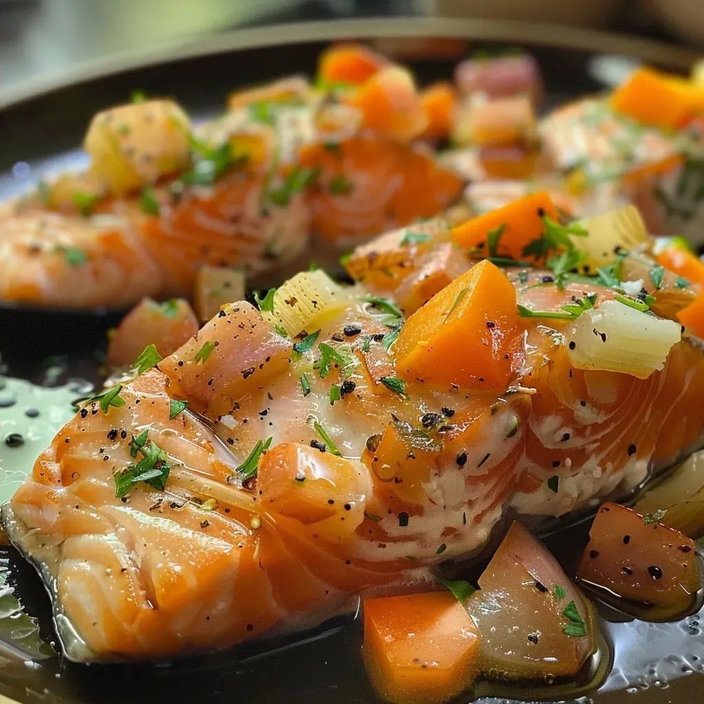 ['Lombos de salmão fresco com legumes, preparados em papelote.', 'Prato de lombos de salmão com cenouras, alho francês e courgette.', 'Close-up de lombos de salmão assados com legumes coloridos.', 'Salmão e vegetais dispostos em papelote, prontos para assar.']