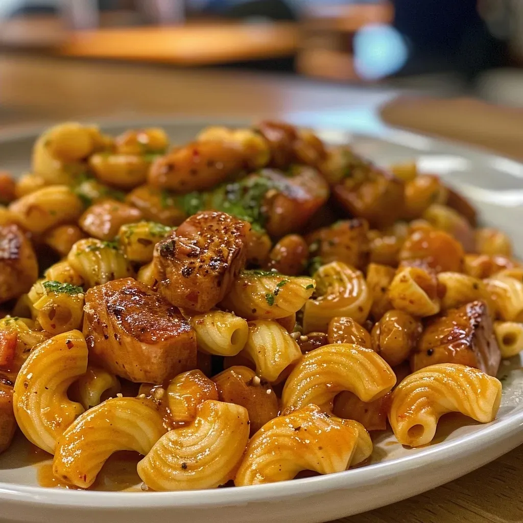 ['Um prato de macarrão com linguiça, bem servido e colorido.', 'Close-up de macarrão com linguiça, com ingredientes frescos ao redor.', 'Porção generosa de macarrão com linguiça, mostrando a textura suculenta.', 'Prato caseiro de macarrão com linguiça e legumes coloridos.']