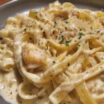 ['Close-up de macarrão cremoso com frango Alfredo.', 'Fettuccine ao molho Alfredo com pedaços de frango.', 'Prato de macarrão cremoso servido com salsinha.', 'Detalhe de macarrão fettuccine com frango e queijo.']