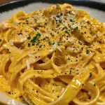 ['Prato de macarrão cremoso com frango e cogumelos.', 'Close de macarrão com frango, cogumelos e molho cremoso.', 'Porção de tagliatelle coberto com frango e cogumelos.', 'Macarrão cremoso com pedaços de frango e cogumelos frescos.']