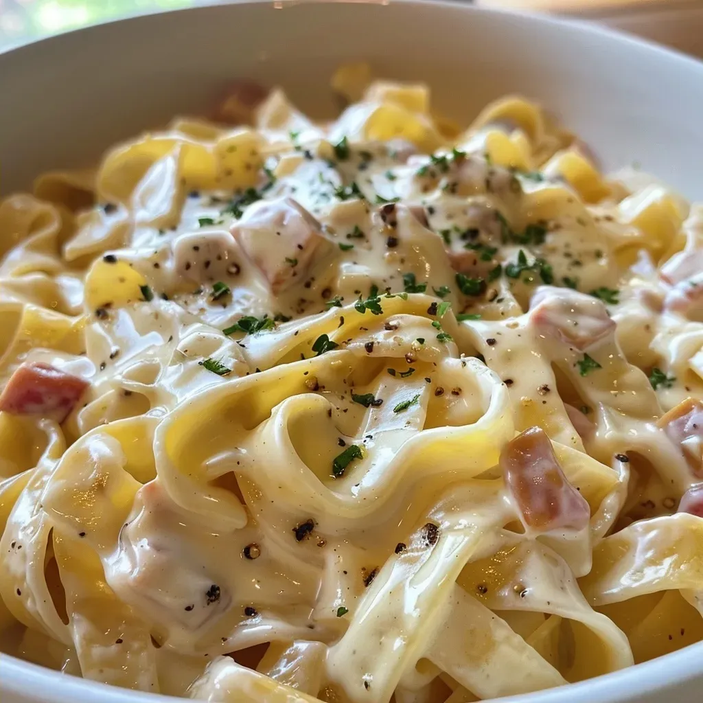 Prato de macarrão cremoso com frango e cogumelos.