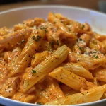 ['Prato de macarrão penne ao molho rosé com peito de frango.', 'Close-up de macarrão penne ao molho rosé com queijo parmesão.', 'Macarrão penne servido com molho rosé e ervas frescas.', 'Detalhe de macarrão penne ao molho rosé em um prato branco.']