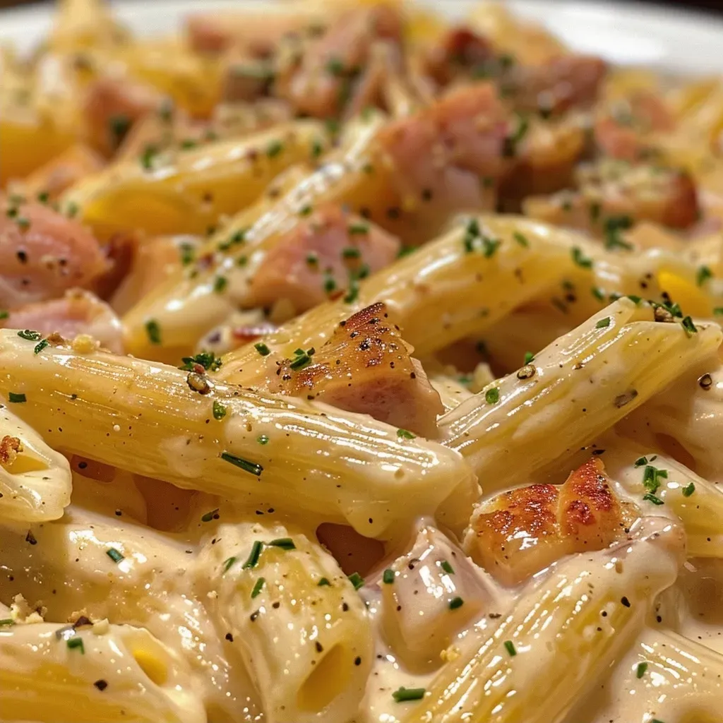 ['Prato de macarrão penne ao molho rosé com peito de frango.', 'Close-up de macarrão penne ao molho rosé com queijo parmesão.', 'Macarrão penne servido com molho rosé e ervas frescas.', 'Detalhe de macarrão penne ao molho rosé em um prato branco.']