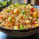 ['Close-up de um prato de manga com arroz e legumes.', 'Vista lateral de um prato de arroz com manga.', 'Detalhe de uma refeição com manga, arroz e temperos.', 'Prato colorido de arroz de jasmim com manga fresca.']